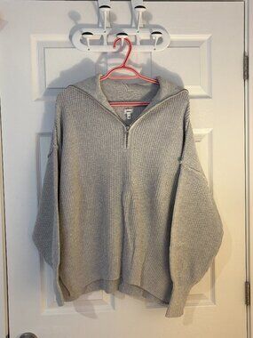 Aerie 100% Cotton Beyond Quarter Zip Knit Sweater, Size Small, Light Grey